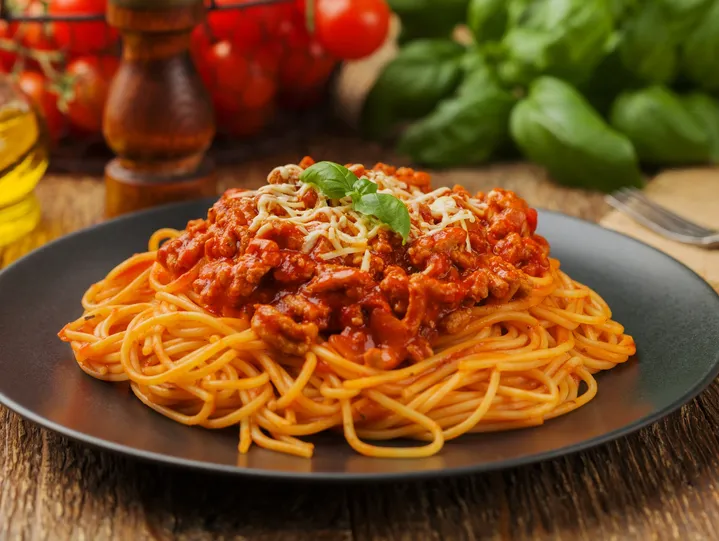 Pasta Bolognese prepared for banquet dining